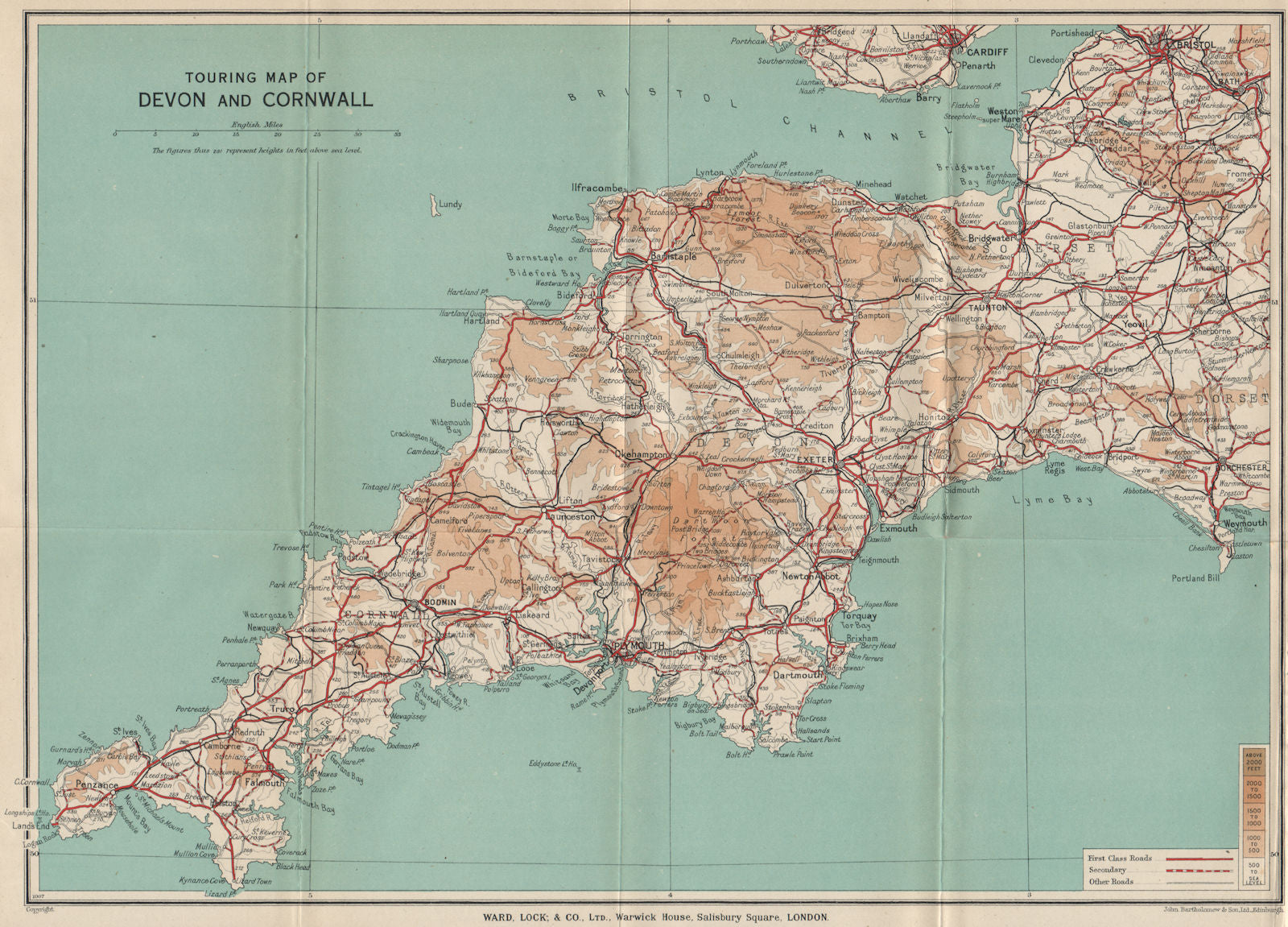 TOURING MAP OF DEVON & CORNWALL. South West England. WARD LOCK 1936 old